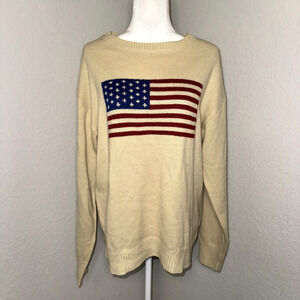Vintage American Flag Sweater Unisex XL Ivory Acrylic Knit Long Sleeve Pullover